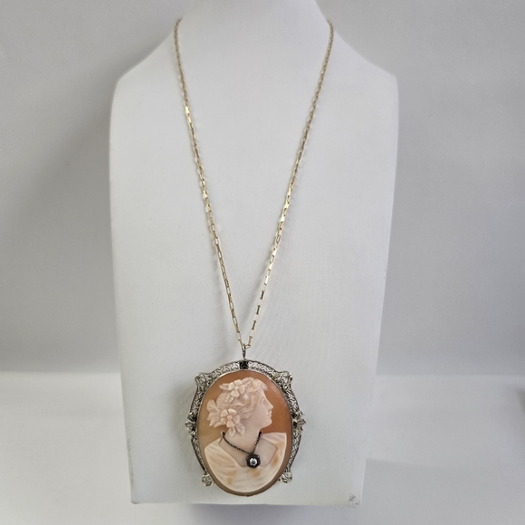 Antique Cameo 14K Gold Diamond Pendant Brooch - Picture 3 of 16